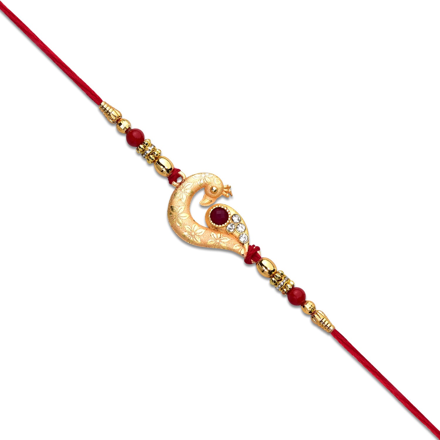 Golden Peacock Feather Rakhi With Red Thread And Kundan Detailing Golden Peacock Feather Rakhi With Red Thread And Kundan Detailing